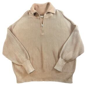Aerie Womens Medium Beige Ribbed Knit Half Zip Pullover Mock Neck Sweater